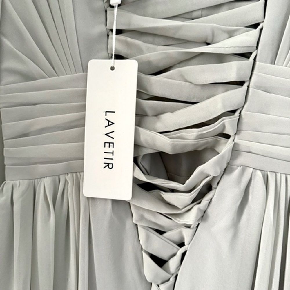Lavetir Silver Chiffon V-Neck Long Formal A-Line Dress Lace Up Back Size Small - Picture 13 of 14